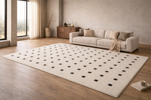 Load image into Gallery viewer, Modern Minimalist Grid Area Rug – Black Check Pattern on Beige Base, 94" x 159"