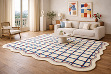 Load image into Gallery viewer, Wavy Edge Red & Blue Line Area Rug – Beige Base, 63" x 91"
