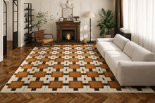 Load image into Gallery viewer, Earth Tone Checkered Area Rug – Coffee Grid Inlay, 63" x 96"