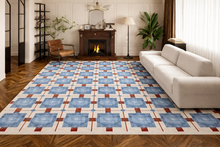 Load image into Gallery viewer, Vintage Blue Check & Red Line Woven Area Rug – 80" x 118"