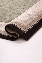 Load image into Gallery viewer, Vintage Green &amp; Grey Pattern Rug with Deep Brown Border – 64" x 93"
