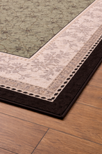 Load image into Gallery viewer, Vintage Green &amp; Grey Pattern Rug with Deep Brown Border – 64" x 93"
