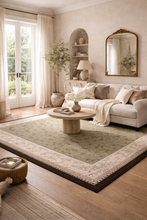 Load image into Gallery viewer, Vintage Green &amp; Grey Pattern Rug with Deep Brown Border – 64" x 93"
