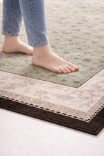 Load image into Gallery viewer, Vintage Green &amp; Grey Pattern Rug with Deep Brown Border – 64" x 93"
