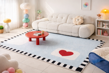 Load image into Gallery viewer, Blue Base Red Heart Pattern Rug with Black &amp; White Trim – 79" x 118"
